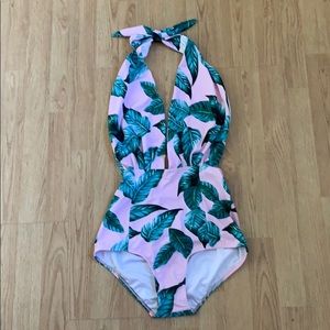 Banana leaf print pink halter swimsuit